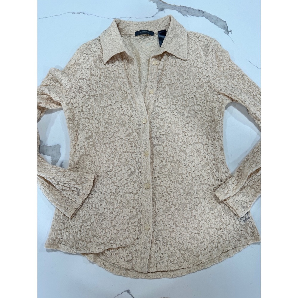 Liz Claiborne Women Beige Floral Lace Button Down Long Sleeve Shirt Medium